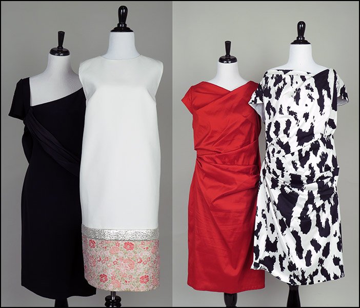 GROUP OF FOUR COCKTAIL DRESSES.: GROUP OF FOUR COCKTAIL DRESSES. Comprised of a Bill Blass black silk blend dress, a Talbot Runhof black and white silk dress with a ruched waist, a Giambattista Valli white silk dress bearing jacquard