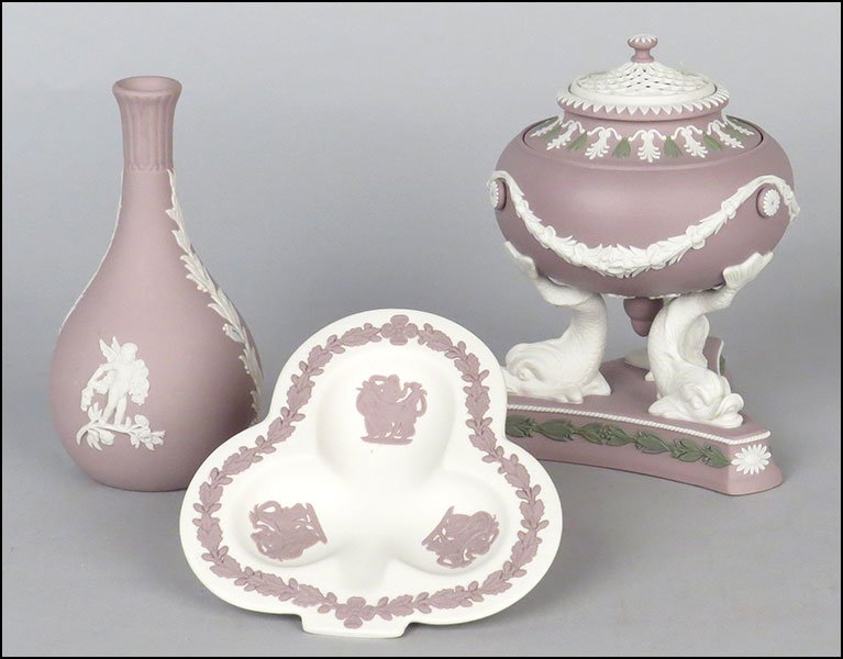 WEDGWOOD NUMBERED EDITION PASTILLE BURNER IN LILAC,: WEDGWOOD NUMBERED EDITION PASTILLE BURNER IN LILAC, SAGE GREEN, AND WHITE JASPER. Together with a a Wedgwood lilac jasperware bud vase and trefoil shaped dish. Pastille burner is numbered 86/100 6" x