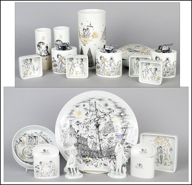 COLLECTION OF RAYMOND PEYNET FOR ROSENTHAL PORCELAIN: COLLECTION OF RAYMOND PEYNET FOR ROSENTHAL PORCELAIN ARTICLES. Eighteen pieces comprising a large decorative plate, a cylindrical vase, two covered jars, a square dish, a round dish, three lighters, t