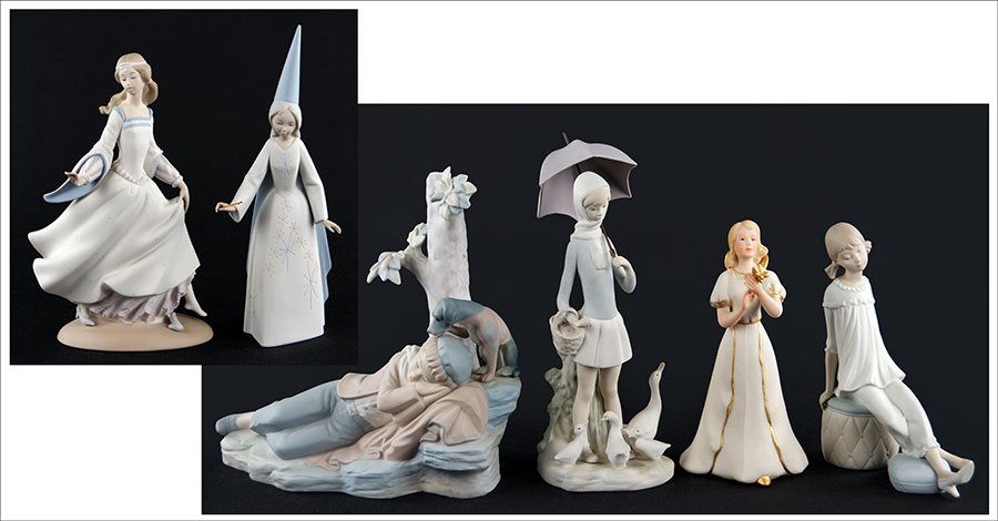 FOUR LLADRO BISQUE PORCELAIN FIGURES.: FOUR LLADRO BISQUE PORCELAIN FIGURES. Together with a Zaphir bisque porcelain figure of a boy sleeping and a Cybis bisque porcelain figure of a little girl with butterfly. Lladro includes Cenicienta (