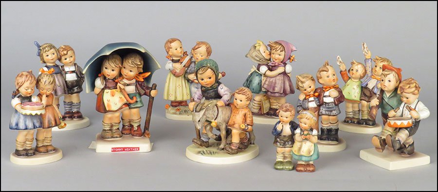 COLLECTION OF TEN GOEBEL HUMMEL PORCELAIN FIGURAL: COLLECTION OF TEN GOEBEL HUMMEL PORCELAIN FIGURAL GROUPS. Including Auf Wiedersheen, The Little Pair, Max and Moritz, and others Tallest figural group H: 6''