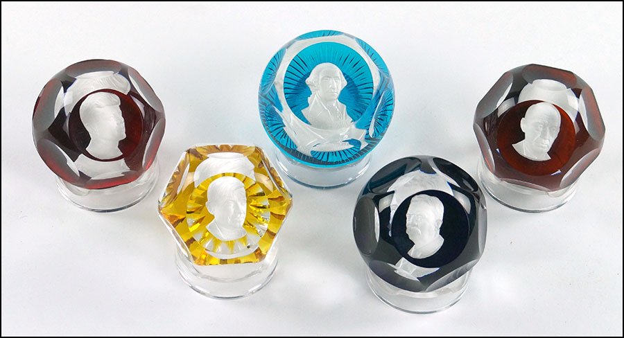 COLLECTION OF FOUR BACCARAT SULPHIDE CAMEO AND CRYSTAL: COLLECTION OF FOUR BACCARAT SULPHIDE CAMEO AND CRYSTAL PAPERWEIGHTS. Together with a Baccarat for Franklin Mint cameo paperweight depicting George Washington. Collection includes Theodore Roosevelt, W