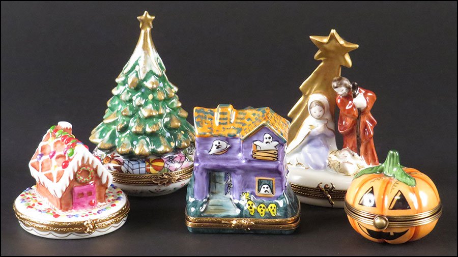GROUP OF FIVE LIMOGES FRANCE PORCELAIN BOXES.: GROUP OF FIVE LIMOGES FRANCE PORCELAIN BOXES. Of holiday theme. Comprised of a jack-o-latern, a gingerbread house, a haunted house, a Christmas tree, and a nativity scene. Signed "Limoges" with "Peint