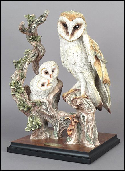 GIUSEPPE ARMANI 'FEED US!' FIGURAL GROUP.: GIUSEPPE ARMANI 'FEED US!' FIGURAL GROUP. Depicting owls. Signed on the sculpture. Edition 277/1500. Copyright Florence 1990. Bearing the Capodimonte 'N' crown stamp. Raised on a base (1.5'' x 10'' x