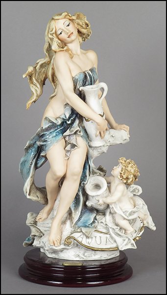 GIUSEPPE ARMANI 'AQUARIUS' FIGURE.: GIUSEPPE ARMANI 'AQUARIUS' FIGURE. From the Zodiac series. Signed on the sculpture. Edition no. 979/5000. Copyright Florence 1995. Bearing the Capodimonte 'N' crown stamp. Raised on a wood base (H: 1.