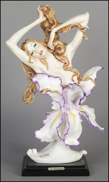 GIUSEPPE ARMANI 'AWAKENING' FIGURE.: GIUSEPPE ARMANI 'AWAKENING' FIGURE. Member's only edition. Signed on the sculpture. Copyright Florence 1989. Bearing the Capodimonte 'N' crown stamp. Raised on a wood base (.75'' x 5.5'' x 5.5''). Wit