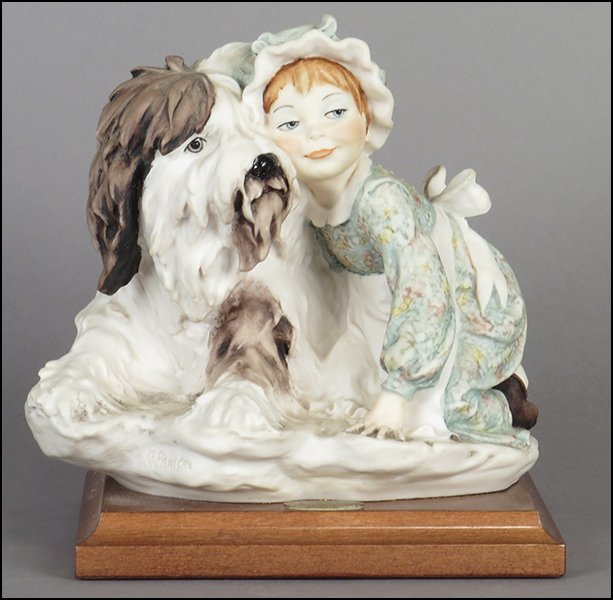 GIUSEPPE ARMANI 'MY BEST FRIEND' FIGURAL GROUP.: GIUSEPPE ARMANI 'MY BEST FRIEND' FIGURAL GROUP. Depicting a girl and a sheep dog. Signed on the sculpture. Copyright Florence 1994. Bearing the Capodimonte 'N' crown stamp. Raised on a wood base (1''