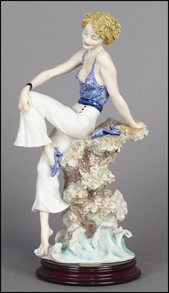 GIUSEPPE ARMANI 'SABRINA' FIGURE.: GIUSEPPE ARMANI 'SABRINA' FIGURE. From the Member's Society 1997 series. Signed on the sculpture. Copyright Florence 1996. Bearing the Capodimonte 'N' crown stamp. Raised on a wood base (H: 1'' Diamet