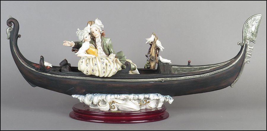 GIUSEPPE ARMANI 'VENETIAN NIGHT' FIGURAL GROUP.: GIUSEPPE ARMANI 'VENETIAN NIGHT' FIGURAL GROUP. Signed on the sculpture. Edition 36/975. Copyright Florence 1995. Bearing the Capodimonte 'N' crown stamp. Raised on a wood base (1.25'' x 11'' x 9'').