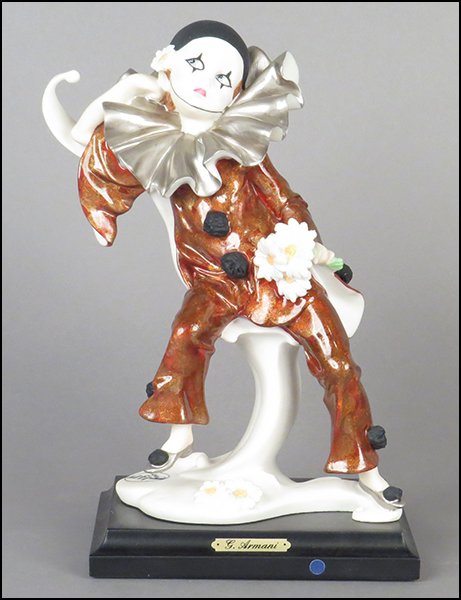 GIUSEPPE ARMANI 'COURT JESTER' FIGURE.: GIUSEPPE ARMANI 'COURT JESTER' FIGURE. Signed on the sculpture. From the Member's Society 1991 Redemption series. Copyright Florence 1990. Bearing the Capodimonte 'N' crown stamp. Raised on a base (1'