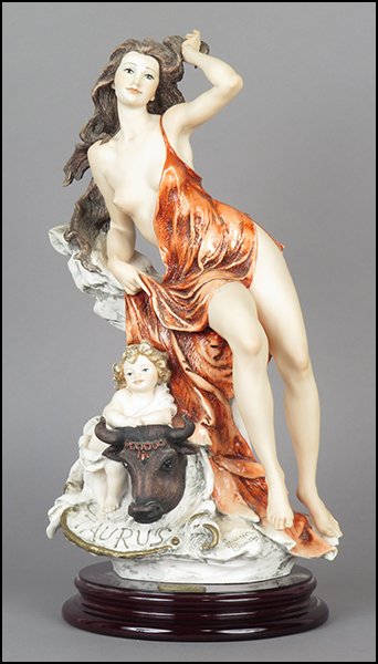 GIUSEPPE ARMANI 'TAURUS' FIGURE.: GIUSEPPE ARMANI 'TAURUS' FIGURE. From the Zodiac series. Signed twice on the sculpture. Edition no. 979/5000. Copyright Florence 1995. Bearing the Capodimonte 'N' crown stamp. Raised on a base (H: 1.5