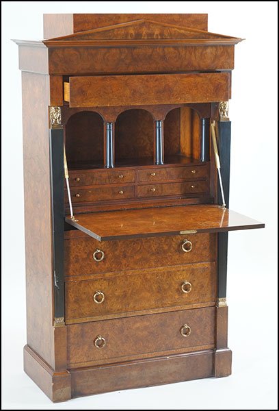 BAKER FURNITURE BIEDERMEIER STYLE BURL WOOD SECRETARY.: BAKER FURNITURE BIEDERMEIER STYLE BURL WOOD SECRETARY. Bearing a fall front which opens to a gallery area and four small drawers, three large drawers below 60" x 33" x 16.5"
