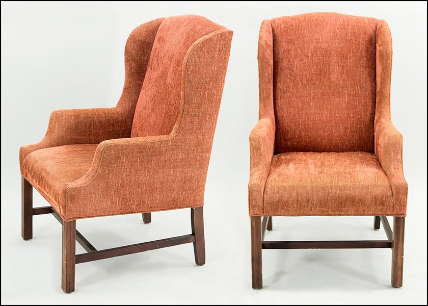SET OF FOUR UPHOLSTERED WINGBACK ARMCHAIRS.: SET OF FOUR UPHOLSTERED WINGBACK ARMCHAIRS. Back H: 42.5''