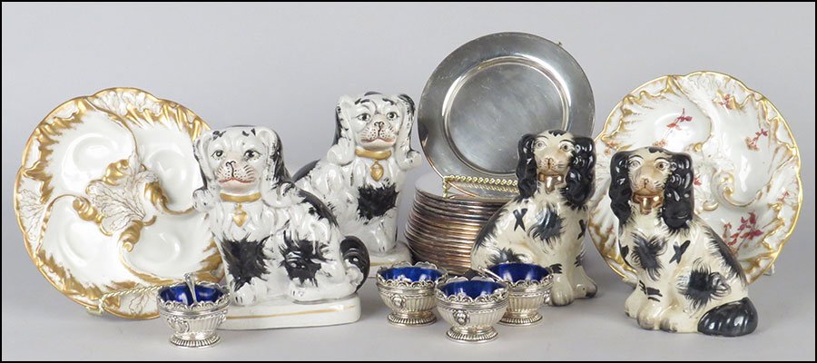 SET OF FOUR SILVERPLATE SALT CELLARS.: SET OF FOUR SILVERPLATE SALT CELLARS. With spoons and removable blue glass bowls. In their original fitted Neiman Marcus box. Together with thirty-two silverplate side plates, two Limoges oyster plate
