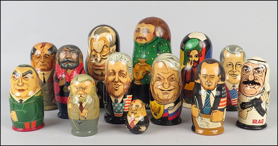 A COLLECTION OF RUSSIAN NESTING DOLLS.: A COLLECTION OF RUSSIAN NESTING DOLLS. Tallest: 10"