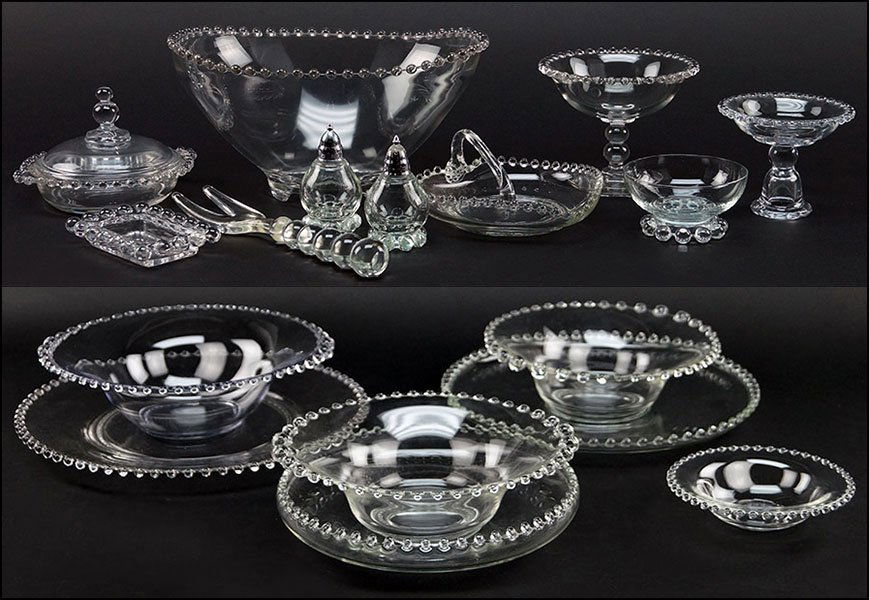 COLLECTION OF IMPERIAL GLASS TABLE ARTICLES IN THE: COLLECTION OF IMPERIAL GLASS TABLE ARTICLES IN THE CANDLEWICK PATTERN. Thirty-five pieces including two round platters, one large serving bowl with graduated glass balls, two medium serving bowls with