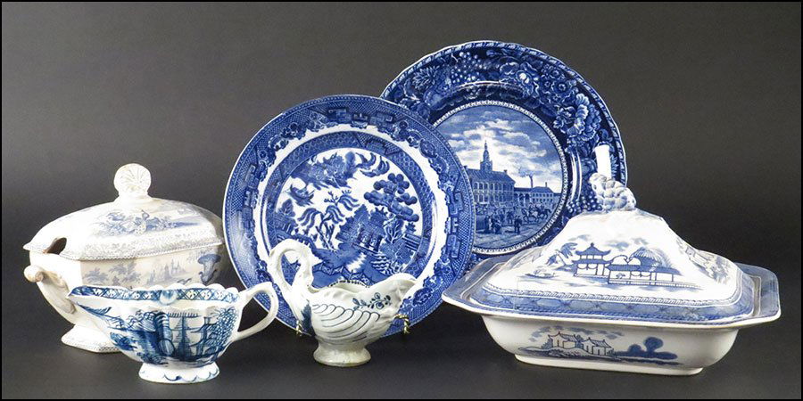 COLLECTION OF ENGLISH BLUE AND WHITE PORCELAIN TABLE: COLECTION OF ENGLISH BLUE AND WHITE PORCELAIN TABLE ARTICLES. Comprised of a G. Phillips covered gravy dish, two creamers, a Wedgwood plate, a Staffordshire plate and an Ashworth covered vegetable bow