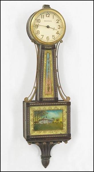 WALTHAM BANJO WALL CLOCK.: WALTHAM BANJO WALL CLOCK. Bearing reverse painting and eglomise decore. Lacking the top finial. Provenance: Kellar and Kellar Antiques, Oak Park Height: 19"