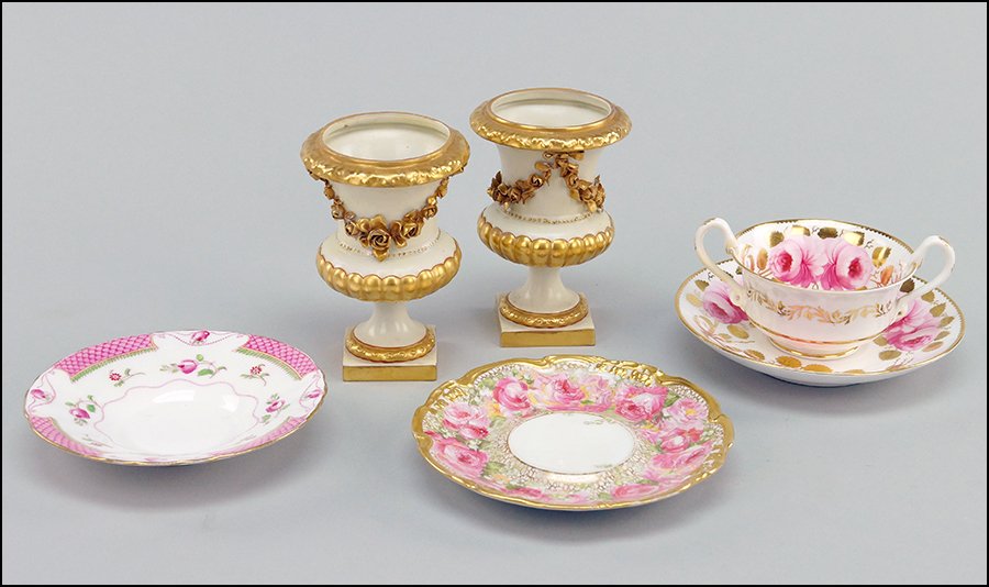 A SET OF NINE COPELAND SPODE PORCELAIN BOUILLON CUPS: A SET OF NINE COPELAND SPODE PORCELAIN BOUILLON CUPS WITH SAUCERS. Together with a set of six Lenox bouillon cups, a pair of German porcelain miniature urns, a set of sixteen Royal Doulton saucers, an