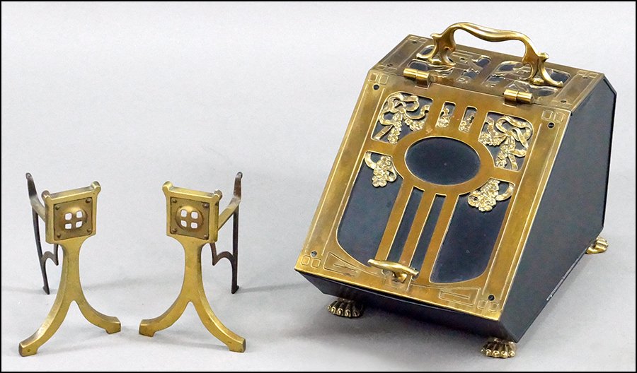 BRASS AND PATINATED METAL COAL BOX.: BRASS AND PATINATED METAL COAL BOX. Together with a pair of brass andirons (8.5" x 6"). Coal box bears a ribbon and flower motif and is raised on paw feet 14" x 10.5" x 16"