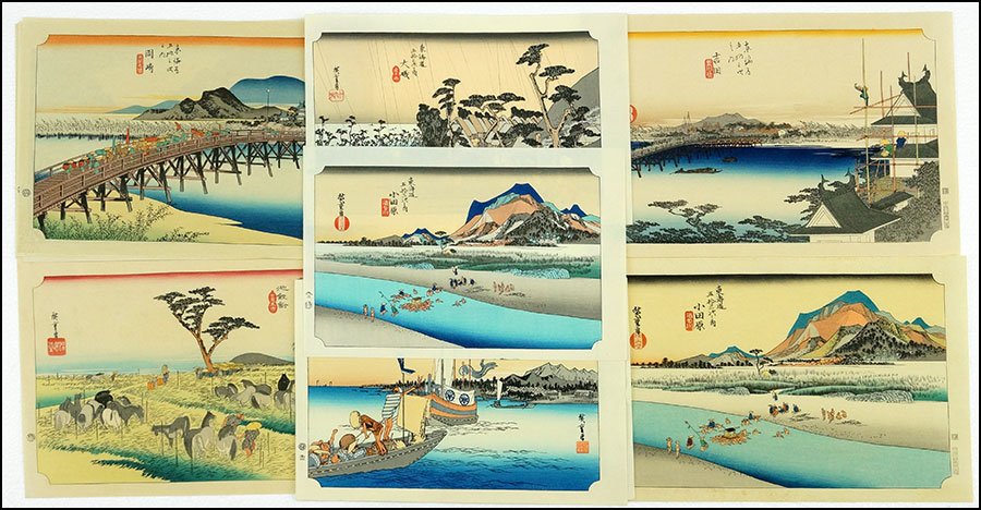 ANDO HIROSHIGE (JAPANESE, 1797-1858) ELEVEN WOODBLOCK: ANDO HIROSHIGE (JAPANESE, 1797-1858) ELEVEN WOODBLOCK PRINTS. Comprised of eleven prints. Includes seven prints Takamizawa Mokuhansha stamps in the lower right margin, and four bearing a publisher and