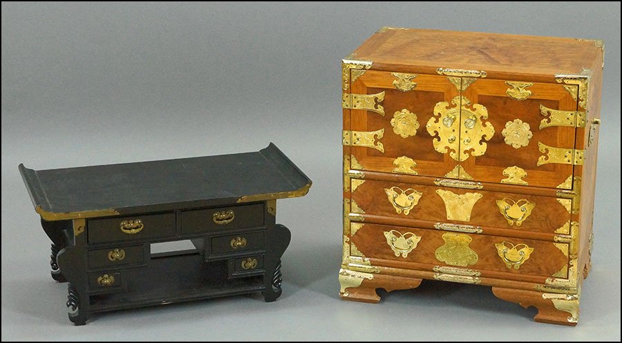 CONTEMPORARY CHINOISERIE STYLE CABINET.: CONTEMPORARY CHINOISERIE STYLE CABINET. Together with an ebonized wood pagoda form table bearing six drawers of descending sizes (11" x 25" x 12"). Cabinet has two drawers and two doors that reveal dr