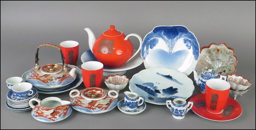 COLLECTION OF 20TH CENTURY JAPANESE PORCELAIN TABLE: COLLECTION OF 20TH CENTURY JAPANESE PORCELAIN TABLE ARTICLES. Comprised of a Fukagawa Seiji creamer, sugar, and teapot, a set of seven nut cups, Transor Ware tea set including a teapot, creamer, sugar