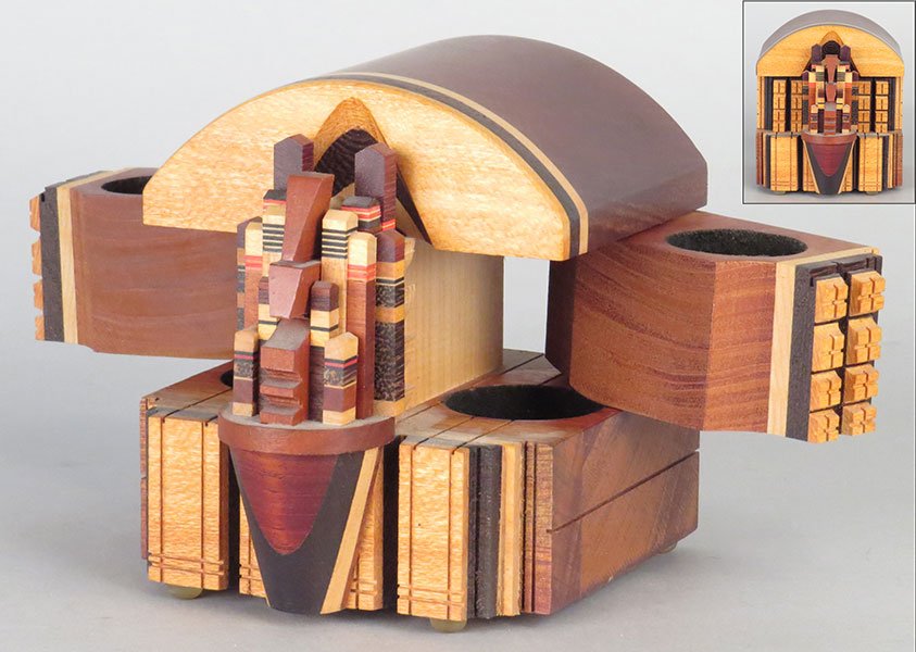 PO SHUN LEONG (BRITISH, B. 1941) ART BOX.: PO SHUN LEONG (BRITISH, B. 1941) ART BOX. Comprised of various types of wood. Signed beneath and dated "97." Together with a Po Shun Leong "Art Boxes" book Box: 5.5'' x 5'' x 5.5''