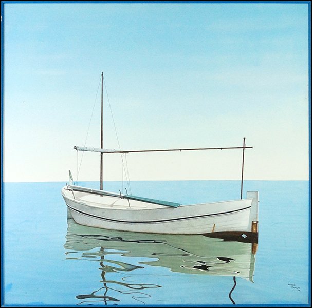 JORGE DUARTE (ARGENTINIAN, B. 1936) SAILBOAT ON THE: JORGE DUARTE (ARGENTINIAN, B. 1936) SAILBOAT ON THE WATER. Oil on canvas. Signed and dated "Jorge Duarte '84" LR Sight: 38.75'' x 38.75'' Frame: 46'' x 45.5''