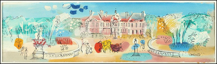 CHARLES COBELLE (FRENCH, 1902-1994) JARDIN DU: CHARLES COBELLE (FRENCH, 1902-1994) JARDIN DU LUXEMBOURG. Oil and ink on canvas, signed LR Sight: 10" x 36" Frame: 14" x 40"
