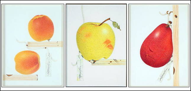 RICHARD MUELLER (AMERICAN, 20TH CENTURY) THREE COLORED: RICHARD MUELLER (AMERICAN, 20TH CENTURY) THREE COLORED PENCIL DRAWINGS DEPICTING FRUIT. Entitled, 'Just Between Aunt Rosy and Uncle Downy', 'Blushing With Goldie', and 'Hanging Around Rhett Bartlett'.