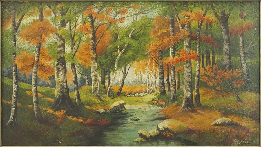 H. RASCH (20TH CENTURY) BIRCH FOREST.: H. RASCH (20TH CENTURY) BIRCH FOREST. Oil on canvas. Signed LR. Frame: 23" x 47". Provenance: Kellar and Kellar Antiques, Oak Park Canvas: 18" x 32"