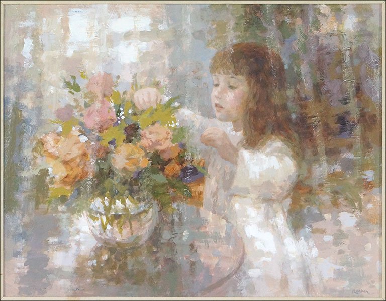 HARRISON RUCKER (AMERICAN, B. 1930) STEPHANIE WITH: HARRISON RUCKER (AMERICAN, B. 1930) STEPHANIE WITH FLOWERS. Oil on canvas. Signed LR. Frame: 26" x 31" Canvas: 20" x 25"