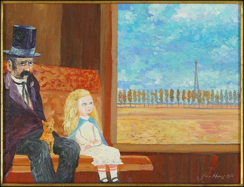 JOHN MORRIS (20TH CENTURY) FIRST TRIP TO PARIS.: JOHN MORRIS (20TH CENTURY) FIRST TRIP TO PARIS. Oil on board. Signed and dated "John Morris 1911" LR Sight: 9'' x 12'' Frame: 17'' x 19.25''