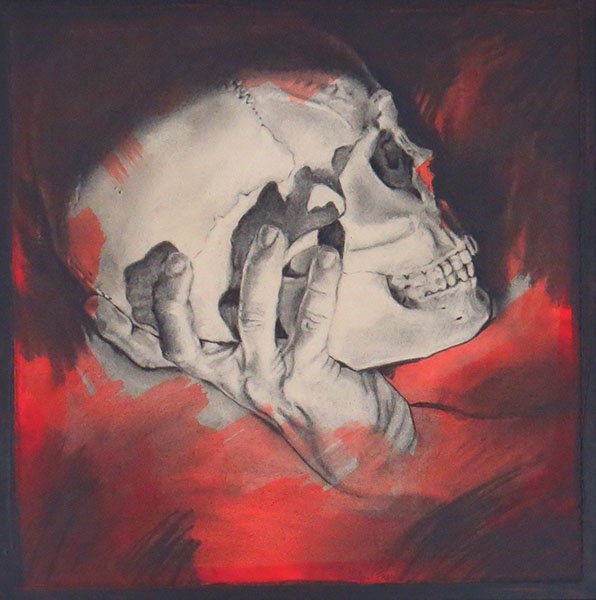 MICHAEL FREED (AMERICAN, CONTEMPORARY) VANITAS.: MICHAEL FREED (AMERICAN, CONTEMPORARY) VANITAS. Charcoal and acrylic on paper on panel, signed LR, signed, dated 2005, and titled en verso Sight: 16" x 16" Frame: 18" x 18"