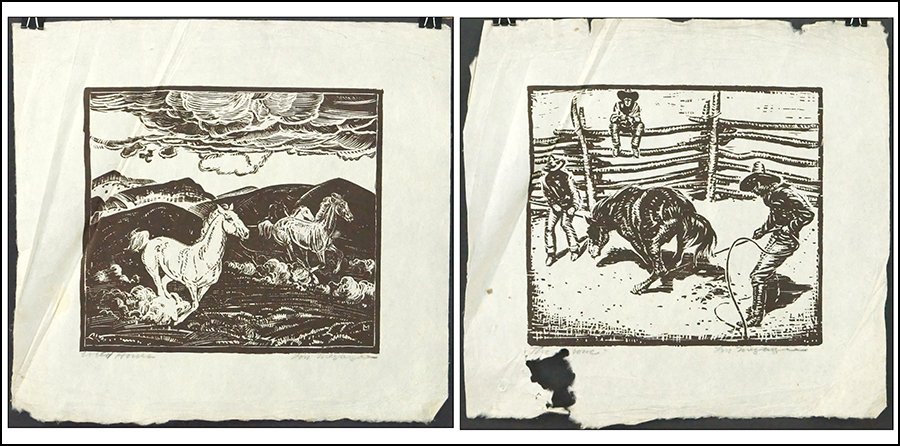 LON MEGARGEE (AMERICAN, 1883 - 1960) TWO PRINTS.: LON MEGARGEE (AMERICAN, 1883 - 1960) TWO PRINTS. Linocut on cotton paper. Pencil signed LR. Provenance: Kellar and Kellar Antiques, Oak Park Sheet: 13" x 14.5"