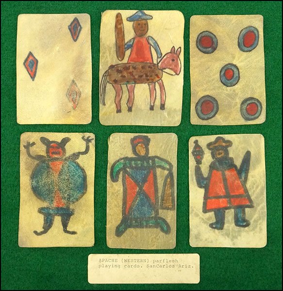 APACHE PLAYING CARDS.: APACHE PLAYING CARDS. 20th Century, six cards hand decorated in ink on animal hide Average card: 3.5" x 2.5"