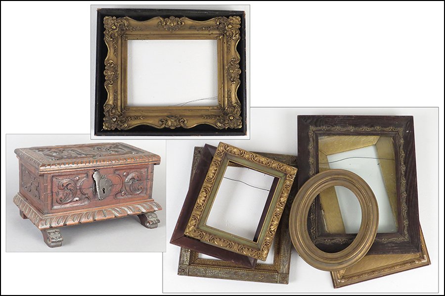 CARVED OAK BOX.: CARVED OAK BOX. Bearing a hammered iron lock mount. Together with five carved wood and gilt frames. Provenance: Kellar and Kellar Antiques, Oak Park H: 9" x W: 16" x D: 10"