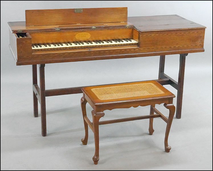 A LATE 18TH CENTURY ENGLISH INLAID MAHOGANY MELODEON.: A LATE 18TH CENTURY ENGLISH INLAID MAHOGANY MELODEON. Melodeon: 33" x 61" x 21" $400/$600 Interior of lid reads "Haxby York | Fecit 1793". Together with a bench (18" x 25" x 14")