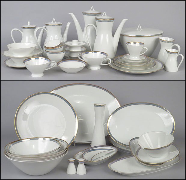 RAYMOND LOEWY FOR ROSENTHAL PORCELAIN DINNER SERVICE IN: RAYMOND LOEWY FOR ROSENTHAL PORCELAIN DINNER SERVICE IN THE GALA BLUE PATTERN. Dinner plate diameter: 9.75" $400/$600 223 pieces including twelve dinner plates, 12 double handled bowls, eleven salad p