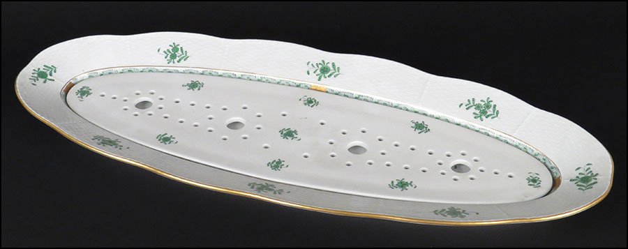 HENEND HUNGARY HAND-PAINTED PORCELAIN 'GREEN CHINESE: HENEND HUNGARY HAND-PAINTED PORCELAIN 'GREEN CHINESE BOUQUET' FISH PLATTER. 1.75'' x 24'' x 9.5'' $200/$300 With strainer insert. Bearing gilt painted embellishments. Stamped on reverse side and no. 1