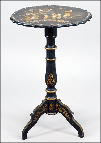 CHINOISERIE STYLE LACQUERED TILT TOP TABLE. 28" x 17.5": CHINOISERIE STYLE LACQUERED TILT TOP TABLE. 28" x 17.5" $200/$400 Bearing abalone inlay and a painted scene depicting men in a courtyard, raised on tripod feet