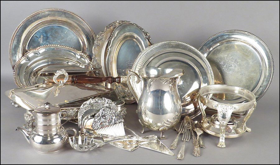 A COLLECTION OF SILVERPLATE TABLE ARTICLES AND SERVING: A COLLECTION OF SILVERPLATE TABLE ARTICLES AND SERVING PIECES. $75/$125 Comprised of a chafing dish, trays, a pitcher, covered serving dishes, utensils, and serving pieces