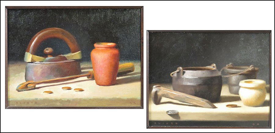 CRAIG S. BLIETZ (AMERICAN, B. 1956) TWO OILS ON BOARD.: CRAIG S. BLIETZ (AMERICAN, B. 1956) TWO OILS ON BOARD. Larger sight: 8.5" x 11.5" Frame: 16.5" x 19.5" $200/$400 Entitled, 'One Edge' (signed LL and dated '00 LR) and 'Old Irons' (signed LL and dated 