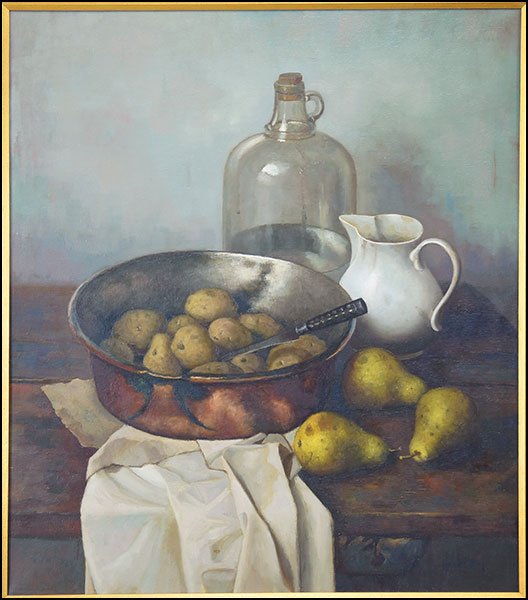 HENK BOS (DUTCH, 1901 - 1979) STILL LIFE WITH PEARS AND: HENK BOS (DUTCH, 1901 - 1979) STILL LIFE WITH PEARS AND POTATOES. Canvas: 32" x 28" $2,000/$4,000 Oil on canvas. Signed LR. Frame: 41" x 36"