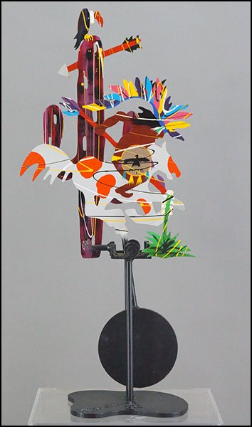 FREDERICK PRESCOTT (AMERICAN, B. 1949) INDIAN CHIEF.: FREDERICK PRESCOTT (AMERICAN, B. 1949) INDIAN CHIEF. 33" x 14" x 8.5" $500/$700 Painted steel kinetic sculpture, signed and dated '88 on the base