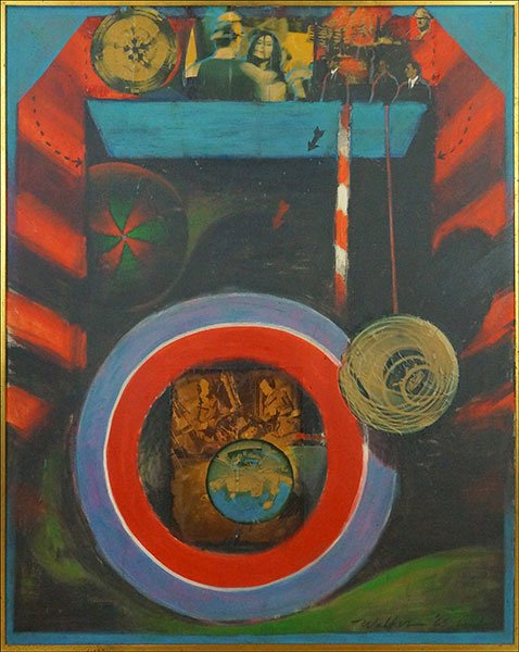 JEROME WALKER (AMERICAN, B. 1937) TARGET BOX. Sight:: JEROME WALKER (AMERICAN, B. 1937) TARGET BOX. Sight: 49.5" x 39.5" Frame: 51" x 41" $400/$600 Mixed media on canvas, signed and dated ''65 London' LR