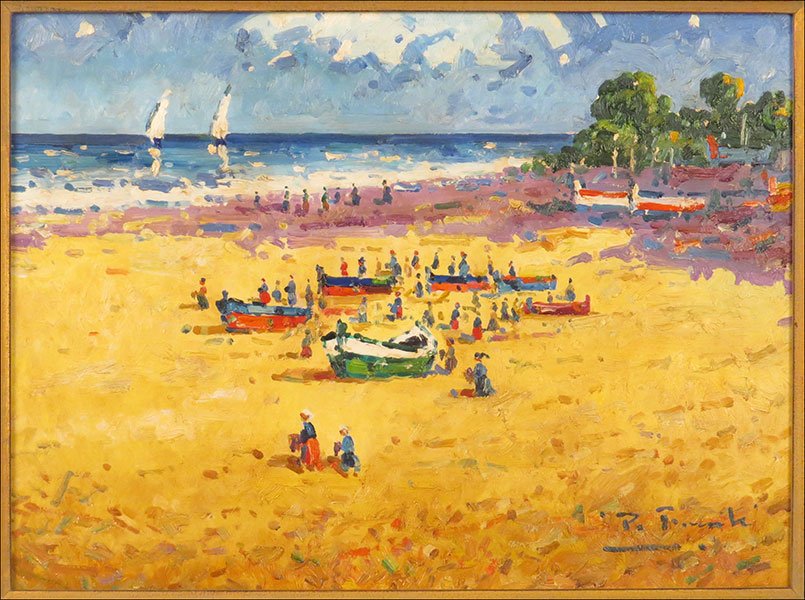 PEDRO FRAILE (SPANISH, B.1957) BARCOS EN LA PLAYA.: PEDRO FRAILE (SPANISH, B.1957) BARCOS EN LA PLAYA. Canvas: 12" x 16" $200/$400 Oil on canvas. Signed LR. Frame: 20.5" x 25". Provenance: Luxembourg American Cultural Society