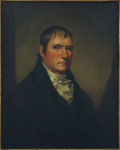 ATTRIBUTED TO EZRA AMES (AMERICAN, 1768-1836) PORTRAIT: ATTRIBUTED TO EZRA AMES (AMERICAN, 1768-1836) PORTRAIT OF COLONEL AARON OGDEN. Canvas: 30" x 24" $800/$1,200 Oil on canvas. Unsigned. Bearing a Shiffman Fine Arts label en verso