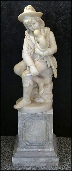 19TH CENTURY CONTINENTAL CARVED ALABASTER SCULPTURE. H:: 19TH CENTURY CONTINENTAL CARVED ALABASTER SCULPTURE. H: 28'' $800/$1,200 Depicting a boy holding a monkey. Unsigned